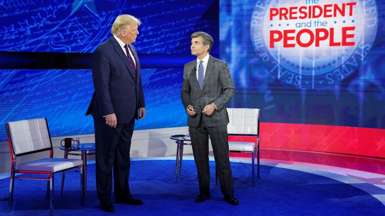 Mr Trump takes the stage with ABC News host George Stephanopoulos