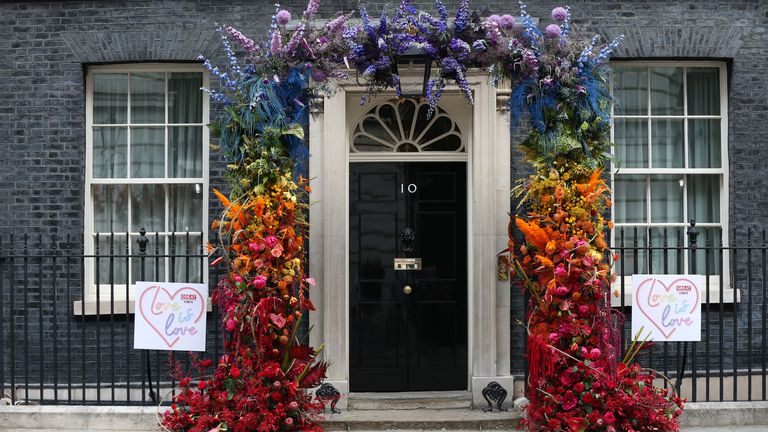 The floral decoration outside 10 Downing Street, central London after a Pride reception on Tuesday. Contributions made by lesbian, gay, bi and trans people to the UK was recognised at the reception marking the Government&#39;s progress on its LGBT action plan.