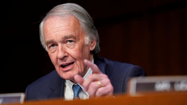 Senator Edward Markey questions government transportation officials on aviation safety after two fatal Boeing 737 MAX 8 aircraft crashes, during a hearing by the Senate Commerce subcommittee on Transportation and Safety on Capitol Hill in Washington, U.S., March 27, 2019. REUTERS/Joshua Roberts