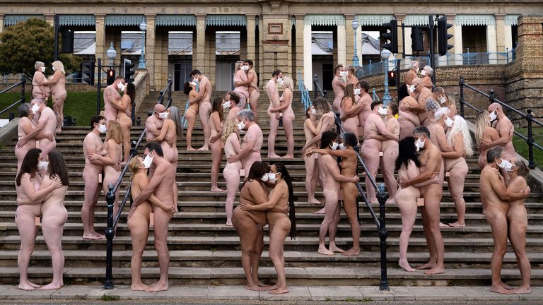 Volunteers remained one meter apart, unless they shared a bubble. Pic: Spencer Tunick