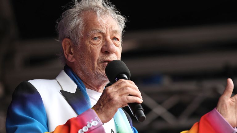 LONDON, ENGLAND - JULY 06: Sir Ian McKellen on stage during Pride in London 2019 at Trafalgar Square on July 06, 2019 in London, England. (Photo by Mike Marsland/WireImage for Pride in London)