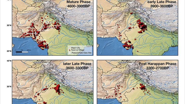 This figure shows the settlements of the Indus Valley Civilization during different phases of its evolution. RIT Assistant Professor Nishant Malik developed a mathematical method that shows climate change likely caused the rise and fall of the ancient civilization. Credit: Rochester Institute of Technology