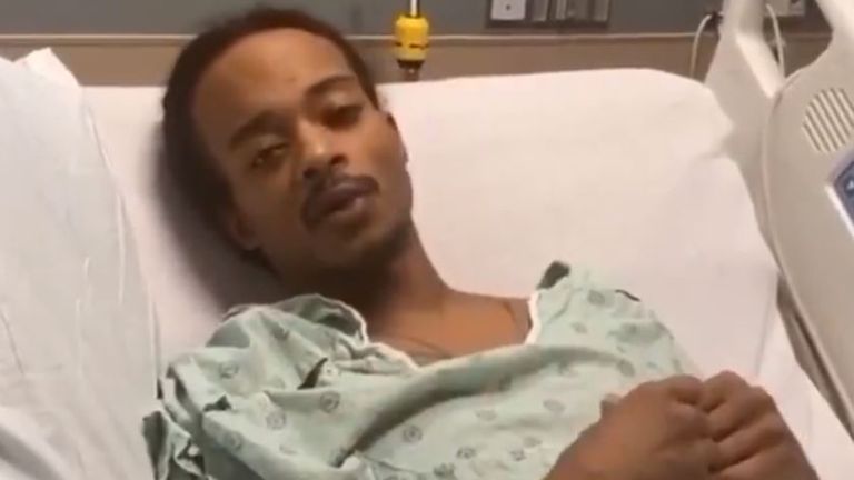 Jacob Blake has released a video from his hospital bed after being shot by police on 23 August. Pic: @AttorneyCrump/ Twitter