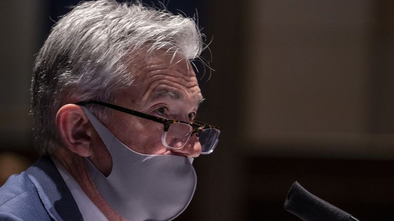 Chairman Jerome Powell, wearing a face mask, testifies before the House of Representatives Financial Services Committee during a hearing on oversight of the Treasury Department and Federal Reserve response to the outbreak of the coronavirus disease (COVID-19), on Capitol Hill in Washington, U.S., June 30, 2020