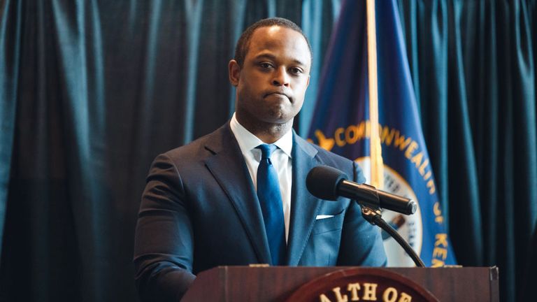 FRANKFORT, KY - SEPTEMBER 23: Kentucky Attorney General, Daniel Cameron, speaks to the media during a press conference on September 23, 2020 in Frankfort, Kentucky. Cameron announced partial charges being filed against Brett Hankison, a former Louisville Metro Police Officer for his role in the shooting death of Breonna Taylor during the execution of a no-knock raid on her apartment on March 13, 2020.  (Photo by Jon Cherry/Getty Images)