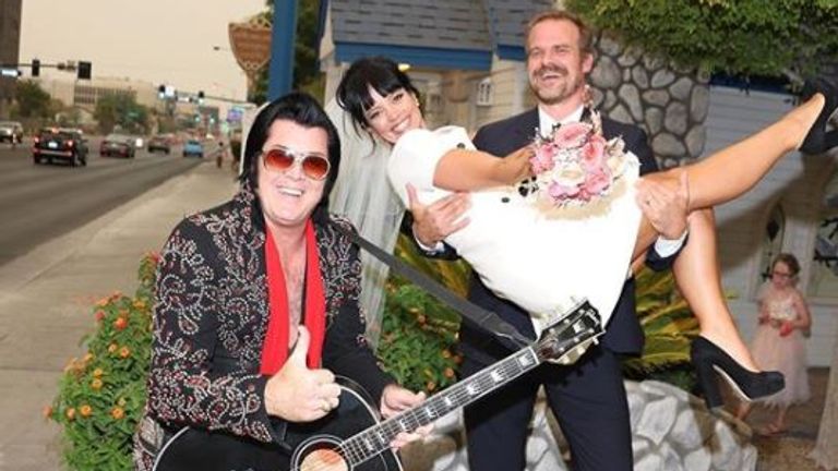 In classic Vegas fashion, an Elvis impersonator married the couple, Pic: Instagram/dkharbour/