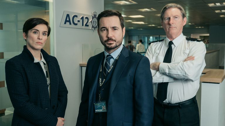 Vicky McClure, Martin Compston and Adrian Dunbar as DI Kate Fleming, DS Steve Arnott and Superintendent Ted Hastings in Line Of Duty. Pic: BBC