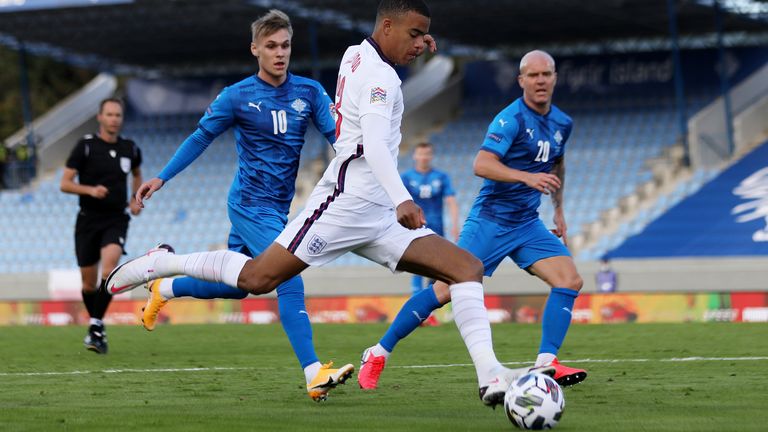 REYKJAVIK, ICELAND - SEPTEMBER 05: Mason Greenwood of England shoots during the UEFA Nations League group stage match between Iceland and England at Laugardalsvollur National Stadium on September 05, 2020 in Reykjavik, Iceland. (Photo by Haflidi Breidfjord/Getty Images)