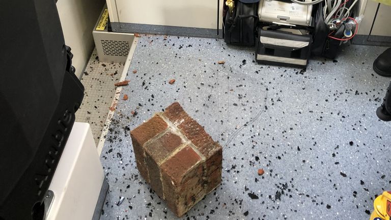 A brick was thrown into an ambulance during an assault in Blyth, Northumberland in July.  Photo: Northeast Ambulance Service 