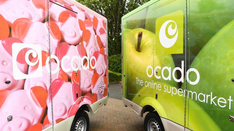 EDITORIAL USE ONLY A fleet of limited-edition Percy Pig delivery vans are unveiled as Ocado marks the arrival of the full M&S Food range to the online supermarket&#39;s website from today, September 1st.