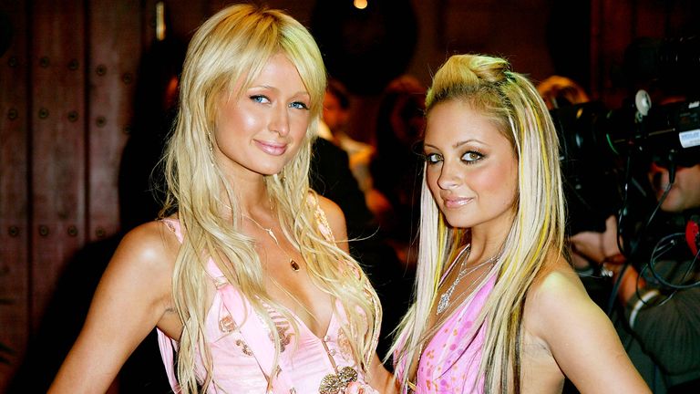 Nicole Richie and Paris Hilton (L) aririve for the "Simple Life 2" Welcome Home Party at The Spider Club  on April 14, 2004 in Hollywood, California