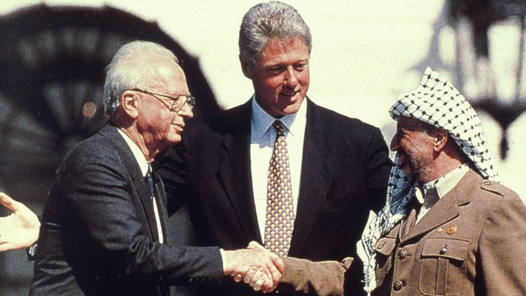13 September, 1993: Israeli Prime Minister Yitzhak Rabin shakes hands with PLO leader Yasser Arafat on the White House lawn