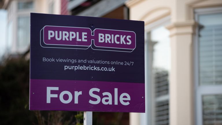 A general view of a for sale board for Purple Bricks estate agents on February 21, 2019 in Southend on Sea, England