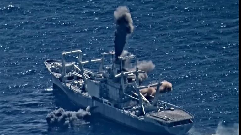 Ten nations aimed their naval weaponry on a decommissioned cargo ship with explosive results, as part of a training exercise