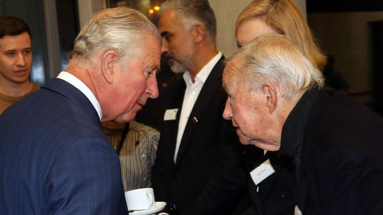 Prince Charles speaks to Sir Terence Conran in 2018
