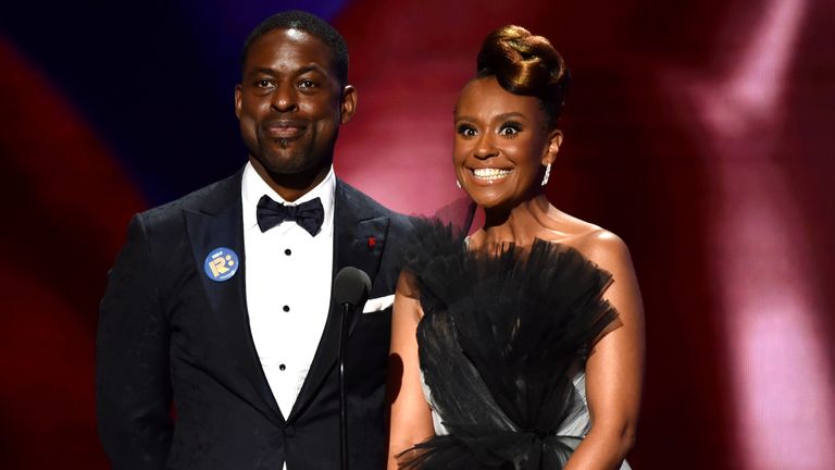 Sterling K Brown and Ryan Michelle Bathe speak on stage during the 51st NAACP Image Awards, Presented by BET, at Pasadena Civic Auditorium on February 22, 2020 in Pasadena, California