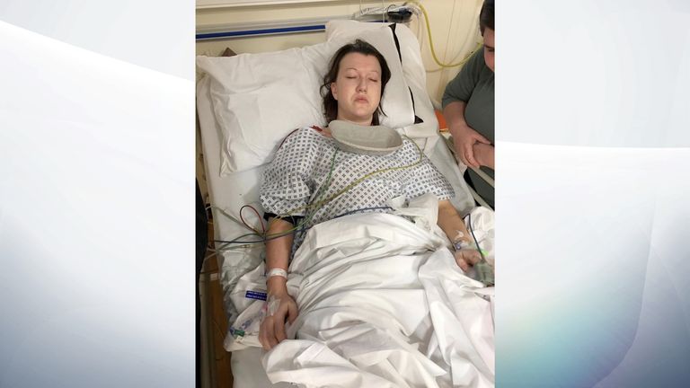 Sarah is pictured in hospital before her ileostomy procedure in April 2019