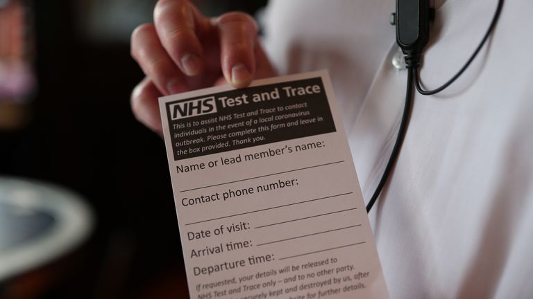 An NHS Test and Trace form offered to pub customers