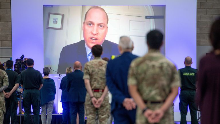  The Duke of Cambridge speaks via videolink as he officially opens the NHS Nightingale Hospital Birmingham, in the National Exhibition Centre (NEC).