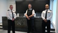 Colleagues of murdered police officer Sergeant Matt Ratana (left to right) Sergeant Gareth Starr, PC Paul Reading and Sergeant Chris Excell at Scotland Yard, London.