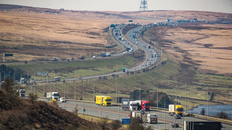 Traffic on the M62 near Booth Wood in West Yorkshire, the day after Prime Minister Boris Johnson put the UK in lockdown to help curb the spread of the coronavirus.
