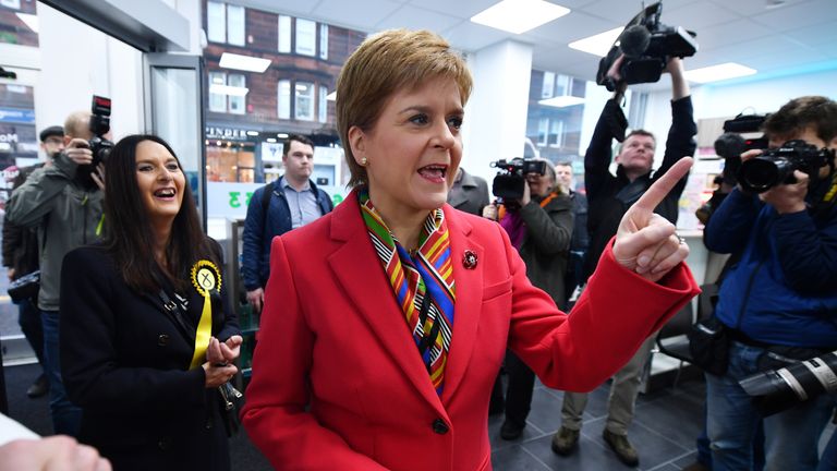 RUTHERGLEN, SCOTLAND - NOVEMBER 04: First Minister Nicola Sturgeon visits Burnside Pharmacy and Cafe Gelato, while on the election campaign trail on November 4, 2019 in Rutherglen, Scotland. Meeting voters and activists with SNP candidate for Rutherglen and Hamilton West, Margaret Ferrier, Nicola Sturgeon said, “Boris Johnson is desperate to do a post Brexit trade deal with Donald Trump, which will undoubtedly include prescription drug prices and access to the NHS.  (Photo by Jeff J Mitchell/Getty Images)