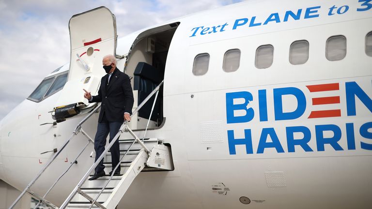 GRAND RAPIDS, MICHIGAN - OCTOBER 02: Democratic presidential nominee Joe Biden steps off his airplane after arriving October 02, 2020 in Grand Rapids, Michigan. Biden tested negative for the coronavirus this morning after getting the news that U.S. President Donald Trump and first lady Melania Trump tested positive for COVID-19.  (Photo by Chip Somodevilla/Getty Images)