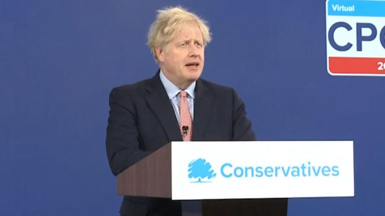 Prime Minister Boris Johnson delivers his address to the virtual Conservative Party Conference, where he announced a ??160 million boost for &#39;clean energy&#39; initiative.