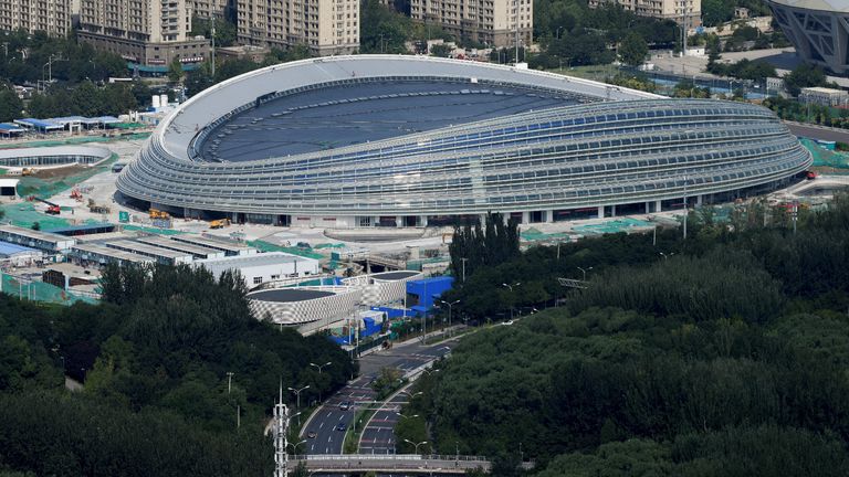 This picture taken from the Beijing Olympic Tower shows a general view of the National Speed Skating Oval, also known as the "Ice Ribbon", the venue for speed skating events in the upcoming 2022 winter Olympics, in Beijing on August 25, 2020. (Photo by WANG Zhao / AFP) (Photo by WANG ZHAO/AFP via Getty Images)