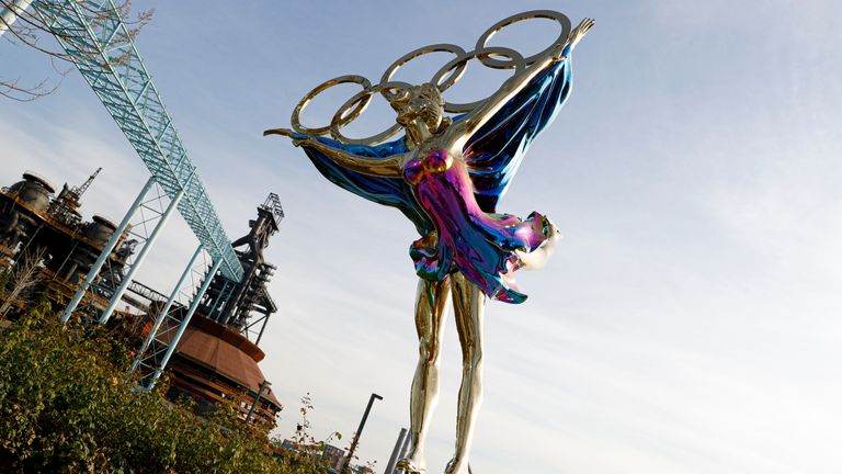 BEIJING, CHINA - NOVEMBER 26: A sculpture depicts Olympic figure skaters for the 2022 Beijing Winter Olympics at Shougang Industrial Park on November 26, 2019 in Beijing, China. (Photo by Fred Lee/Getty Images)