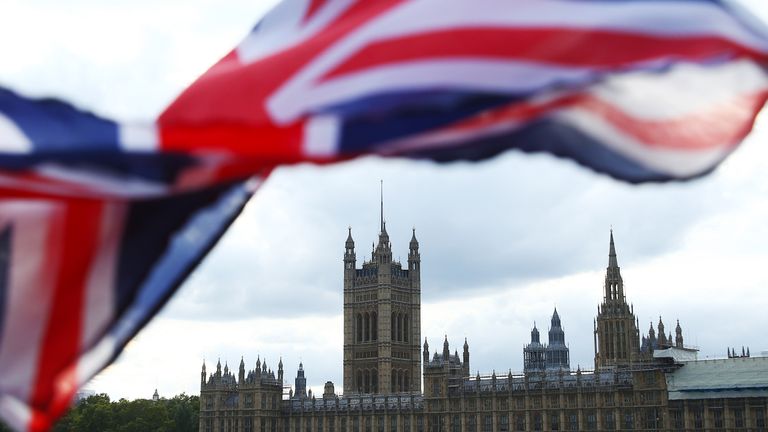 LONDON, ENGLAND - OCTOBER 03: A Union flag blows in the wind near the Houses of Parliament on October 3, 2019 in London, England. (Photo by Hollie Adams/Getty Images)