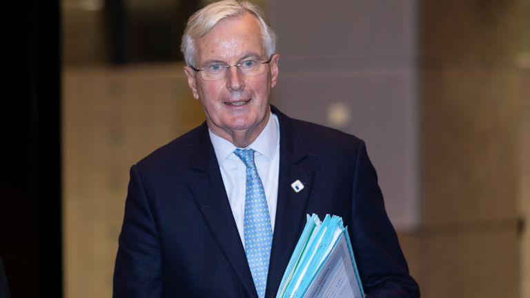 BRUSSELS, BELGIUM - OCTOBER 15: European Commissions UK Task Force Chief Negotiator, Michel Barnier is walking away at the end of a press conference during the first day of an EU Summit on October 15, 2020 in Brussels, Belgium. EU leaders meet to examine the post-Brexit negociations under pressure from British Prime Minister to give ground or see Britain walk away with no trade deal. (Photo by Thierry Monasse/Getty Images)