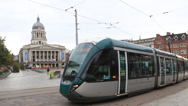 Trams in Market Square in Nottingham city centre, after Prime Minister Boris Johnson set out a new three-tier system of alert levels for England following rising coronavirus cases and hospital admissions.