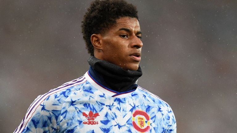 Manchester United&#39;s Marcus Rashford warming up before the Premier League match at Old Trafford, Manchester.