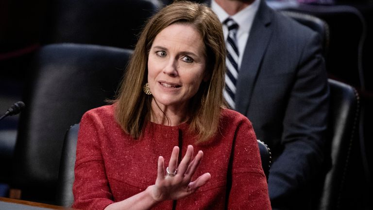 U.S. Supreme Court nominee Judge Amy Coney Barrett speaks during the second day of her confirmation hearing before the Senate Judiciary Committee on Capitol Hill in Washington, D.C., U.S., October 13, 2020. Alex Edelman/Pool via REUTERS