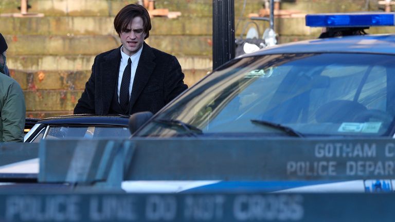 Robert Pattinson as Bruce Wayne during the filming of The Batman taking place in Liverpool