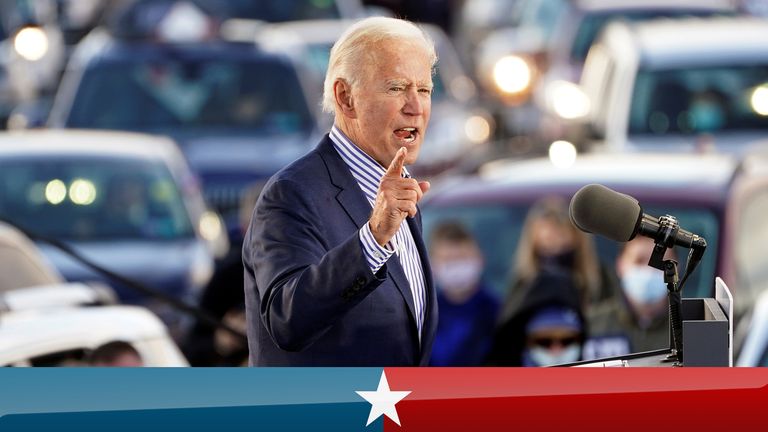U.S. Democratic presidential candidate Joe Biden speaks during a drive-in campaign event at Dallas High School in Dallas, Pennsylvania, U.S., October 24, 2020