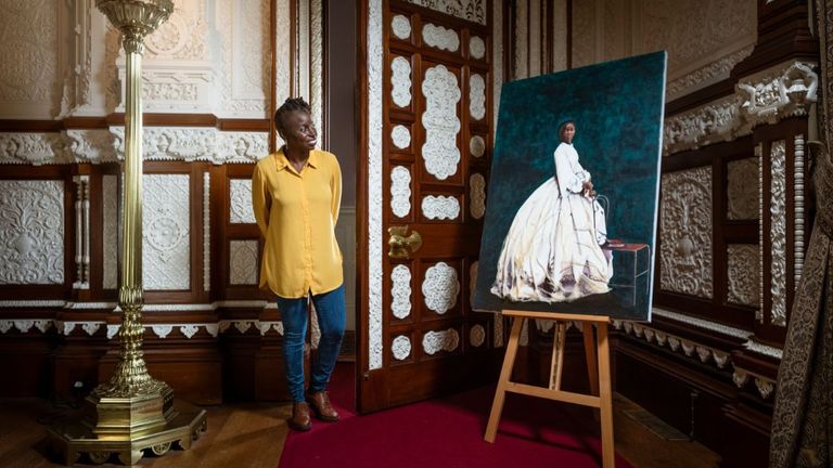 Issued by English Heritage by artist Hannah Uzor with her painting of Sarah Forbes Bonetta, Queen Victoria's African goddaughter, at Osborne, the Queen's seaside home on the Isle of Wight.  The organization is showing the portrait as part of a plan to present works by 