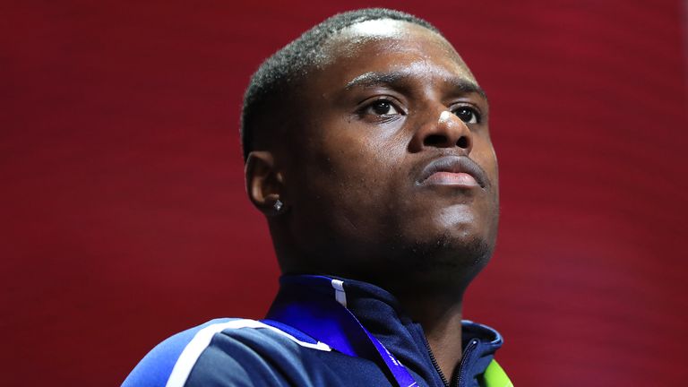 Christian Coleman of the USA with a gold medal for the men's 4x100m relay final during the ten days of the IAAF World Championships at the Khalifa International Stadium in Dali, Qatar.