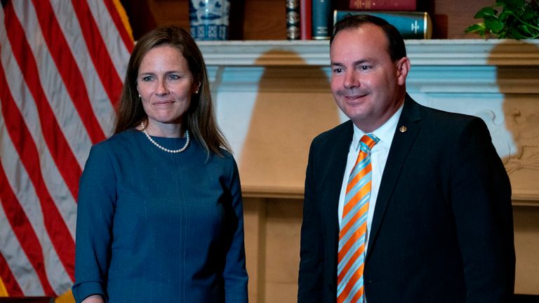 Supreme Court Nominee Justice Amy Coney Barrett (left) meets with U.S. Senator Mike Lee (R-UT) at the United States Capitol in Washington, DC on September 29, 2020