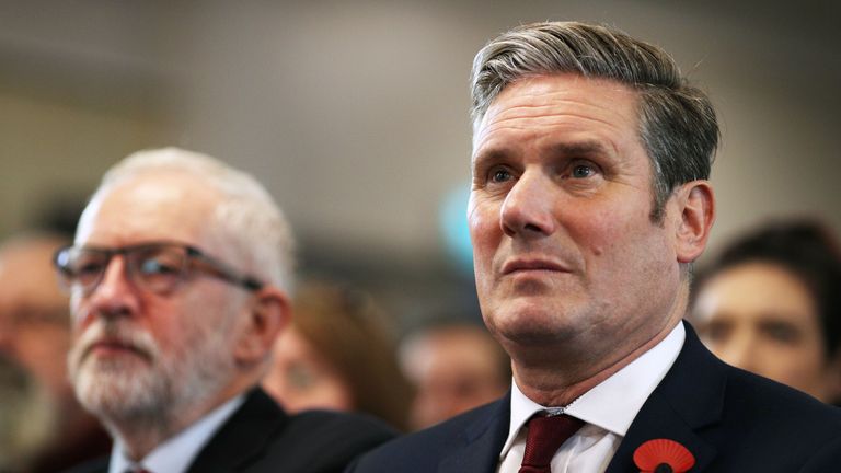  Labour leader, Jeremy Corbyn (L) and Keir Starmer, Shadow Secretary of State for Exiting the EU look on prior to delivering a Brexit speech at the Harlow Hotel on November 5, 2019 in Harlow, England. (Photo by Dan Kitwood/Getty Images)