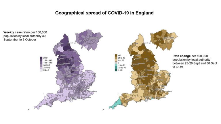 Map showing weekly coronavirus case rate (left) and the rate change (right)