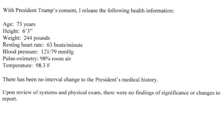 The results of Donald Trump&#39;s physical exam by his physician, Sean Conley, which were sent to White House press secretary Kayleigh McEnany, on 3 June 2020