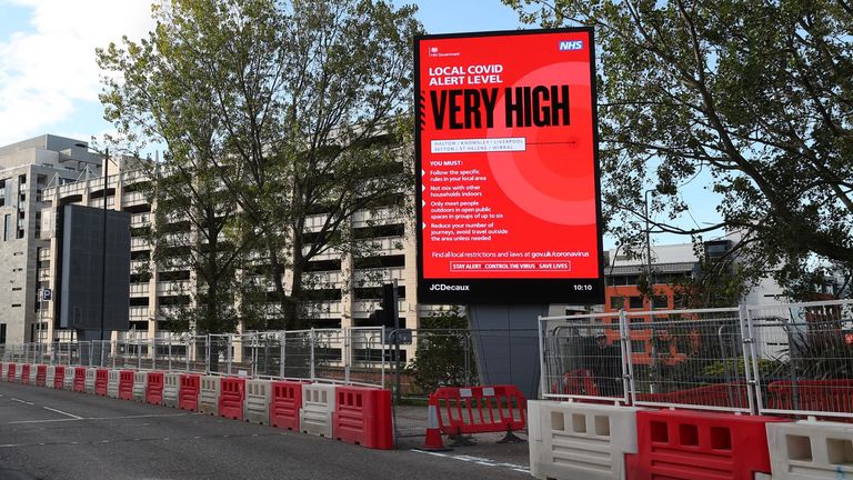 A Covid alert level sign in Liverpool after Prime Minister Boris Johnson set out a new three-tier system of alert levels for England following rising coronavirus cases and hospital admissions.