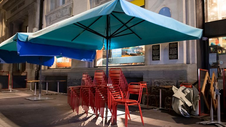 Furniture outside a restaurant St. Mary Street on September 24, 2020 in Cardiff, Wales.