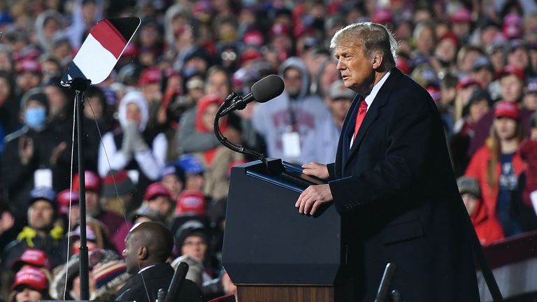 US President Donald Trump speaks at a "Make America Great Again" campaign rally at Duluth International Airport in Duluth, Minnesota, on September 30, 2020. (Photo by MANDEL NGAN / AFP) (Photo by MANDEL NGAN/AFP via Getty Images)