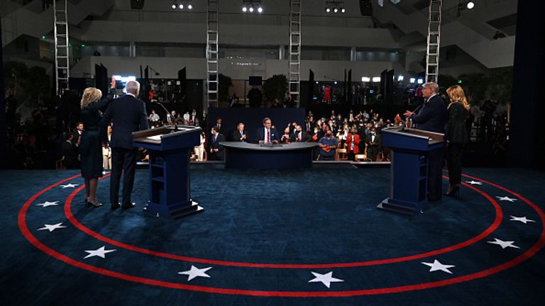 Pictured left to right: Jill Biden, Joe Biden, moderator and Fox News anchor Chris Wallace, Donald Trump and his wife Melania at the TV debate in Cleveland 