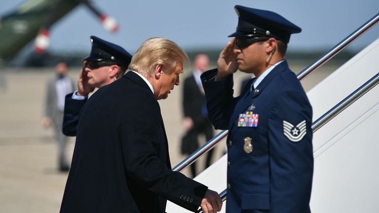 US President Donald Trump makes his way to board Air Force One before departing from Andrews Air Force Base in Maryland on October 1, 2020. - President Trump is heading to Bedminster, New Jersey for a fundraiser. (Photo by MANDEL NGAN / AFP) (Photo by MANDEL NGAN/AFP via Getty Images)