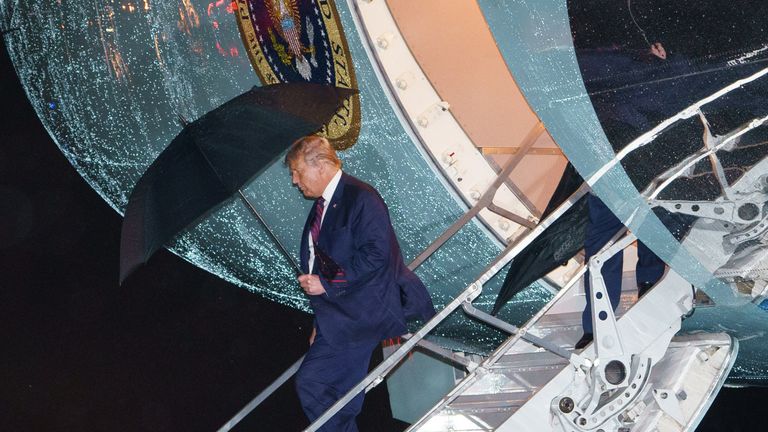 US President Donald Trump steps off Air Force One upon arrival at Andrews Air Force Base in Maryland on September 30, 2020. - Donald Trump returned to Washington after taking part in the first presidential debate. (Photo by MANDEL NGAN / AFP) (Photo by MANDEL NGAN/AFP via Getty Images)