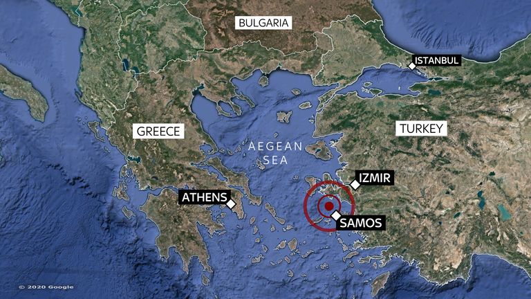 Map of where magnitude 7 earthquake hit between Turkey and Greek Islands on 30/10/2020